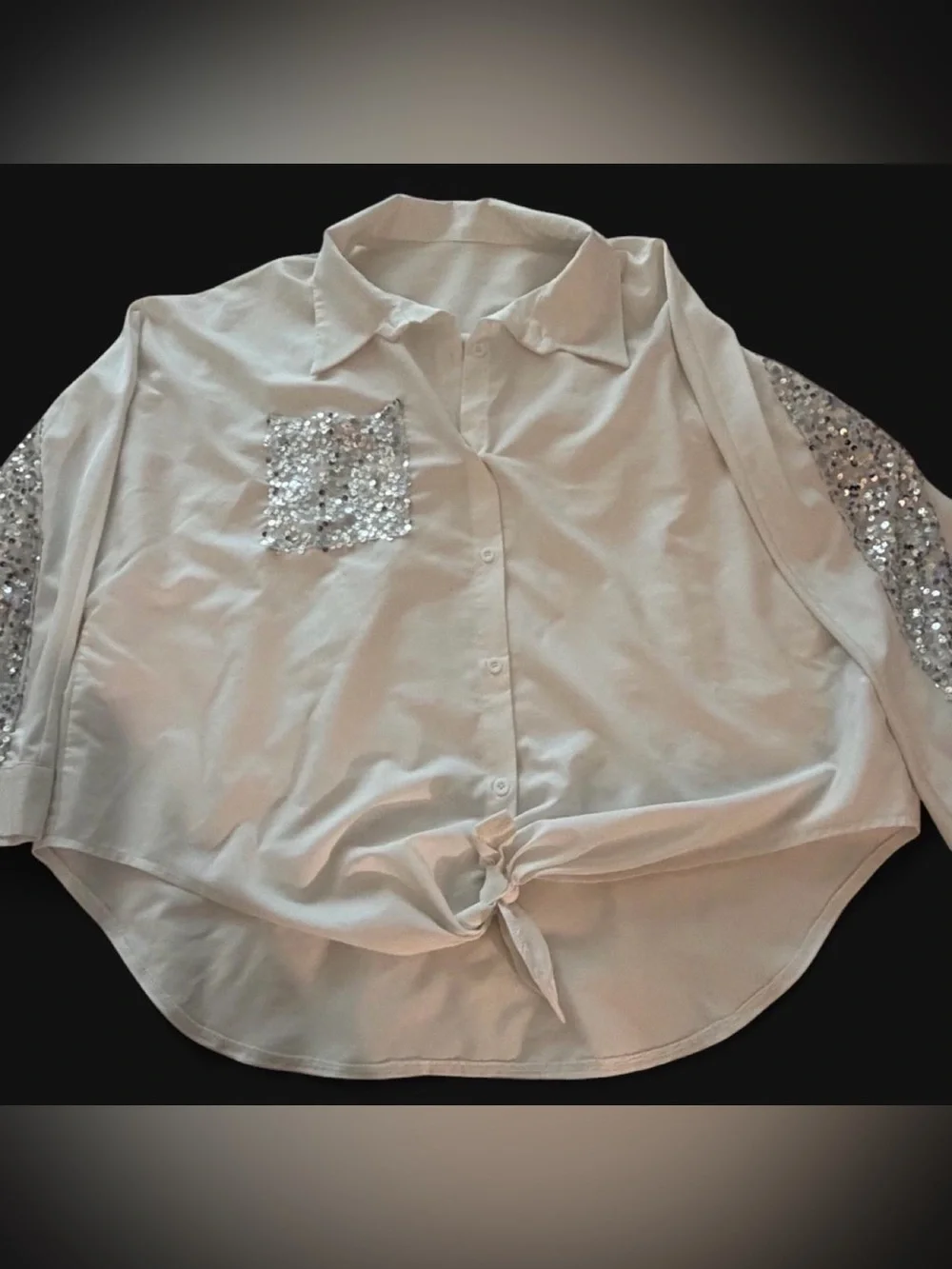 SHEIN White Sequin Pocket & Sleeve Tie-Front Button Down Shirt